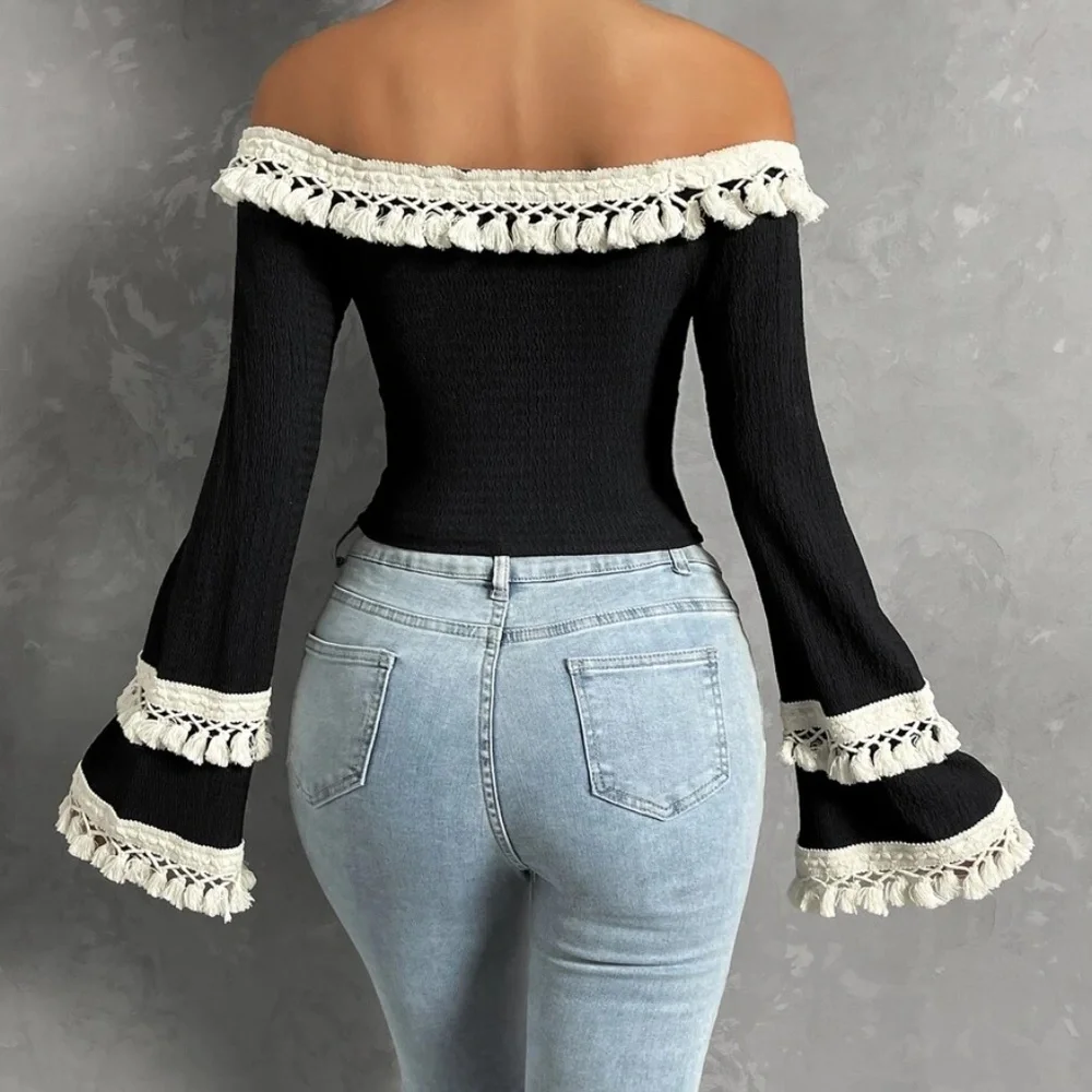 Boho Off Shoulder Tassel Detail Cropped Top - Picture 9 of 13